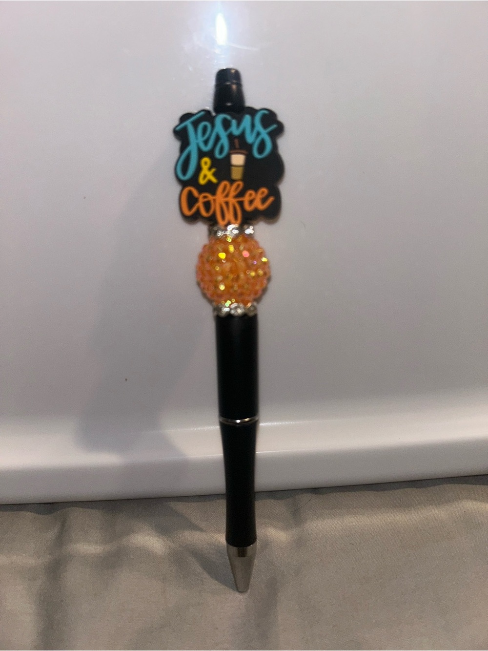 Hand Crafted Jesus & Coffee Pen with Orange Crystal Accent